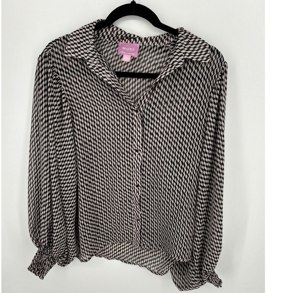Muse Republic Clothing Sheer Button Front Blouse Size Small Balloon Sleeves